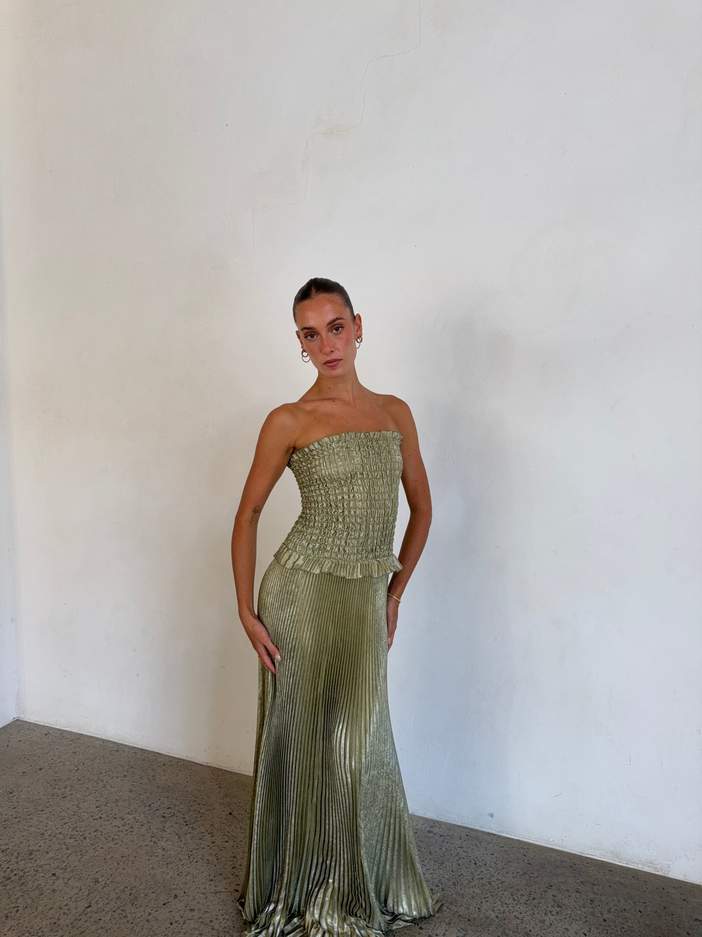 Maya Gown in Sage Shimmer