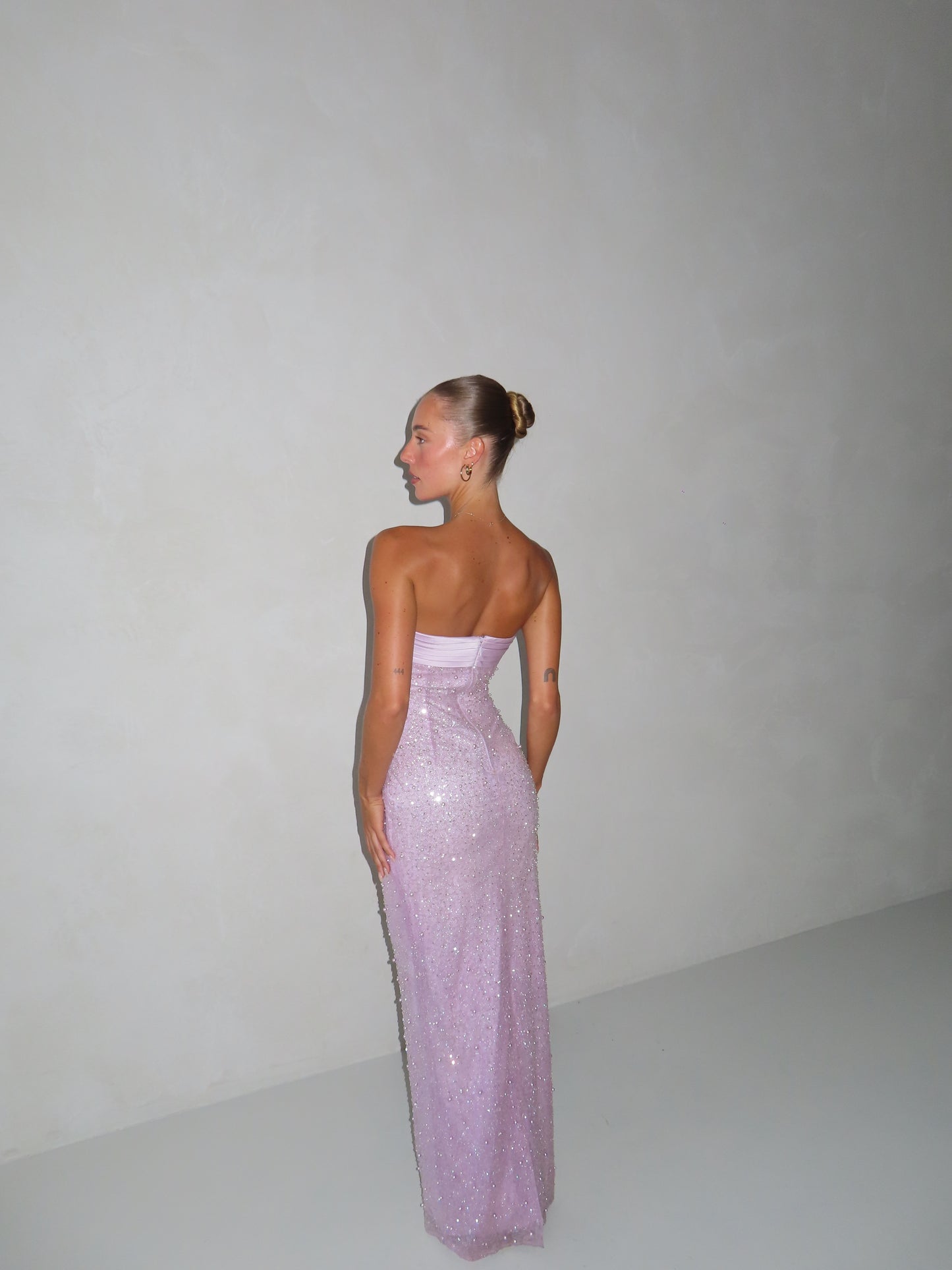 Lainey Purple Satin Sequin Pearls Beaded Maxi Dress