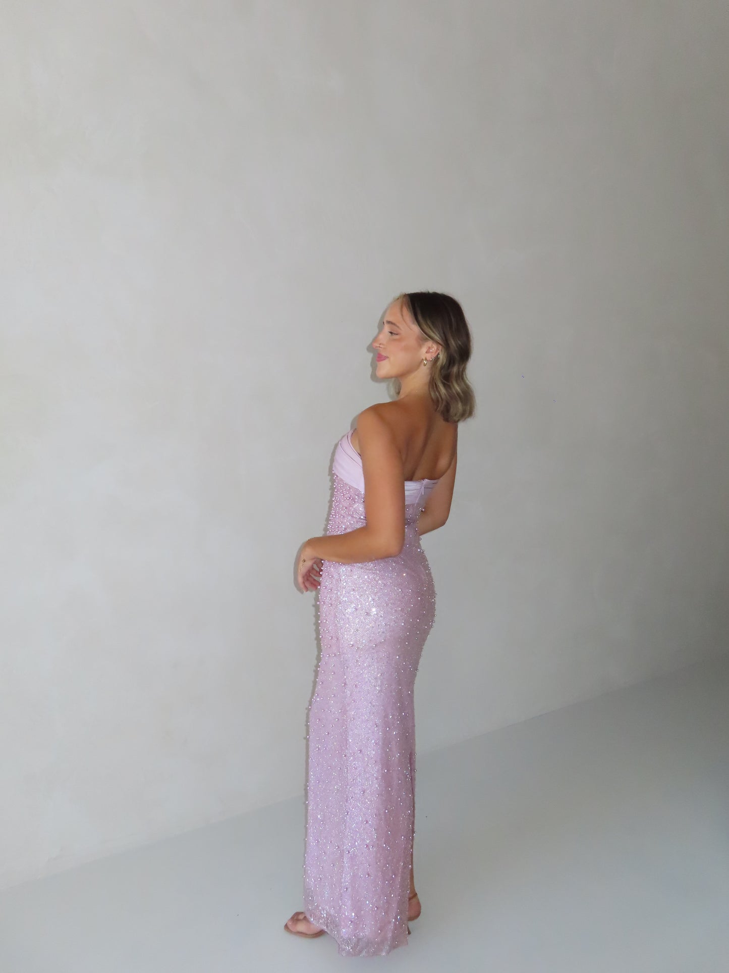 Lainey Purple Satin Sequin Pearls Beaded Maxi Dress