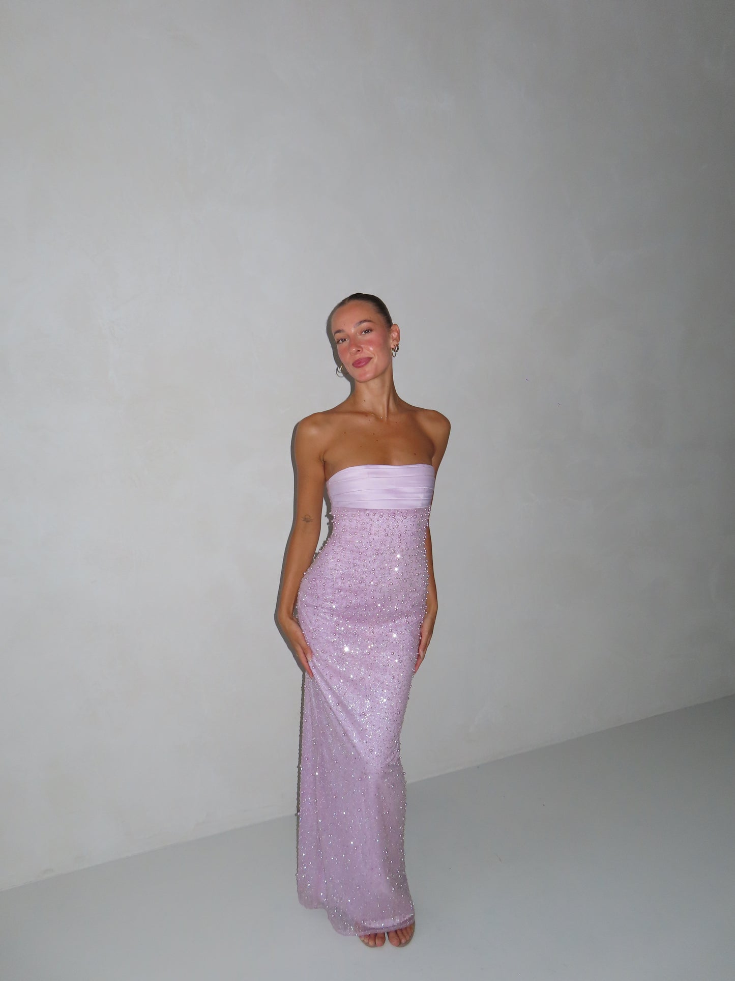 Lainey Purple Satin Sequin Pearls Beaded Maxi Dress