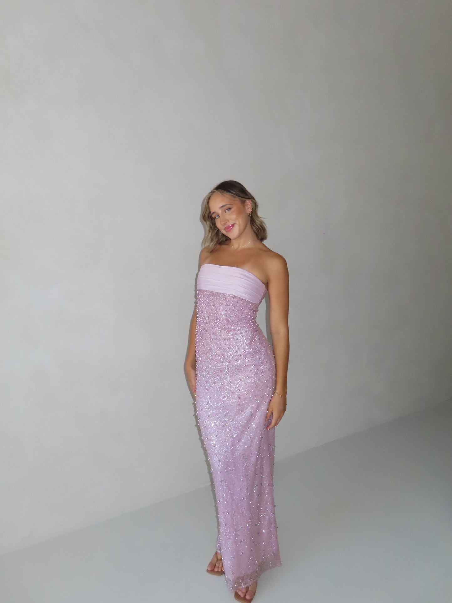Lainey Purple Satin Sequin Pearls Beaded Maxi Dress