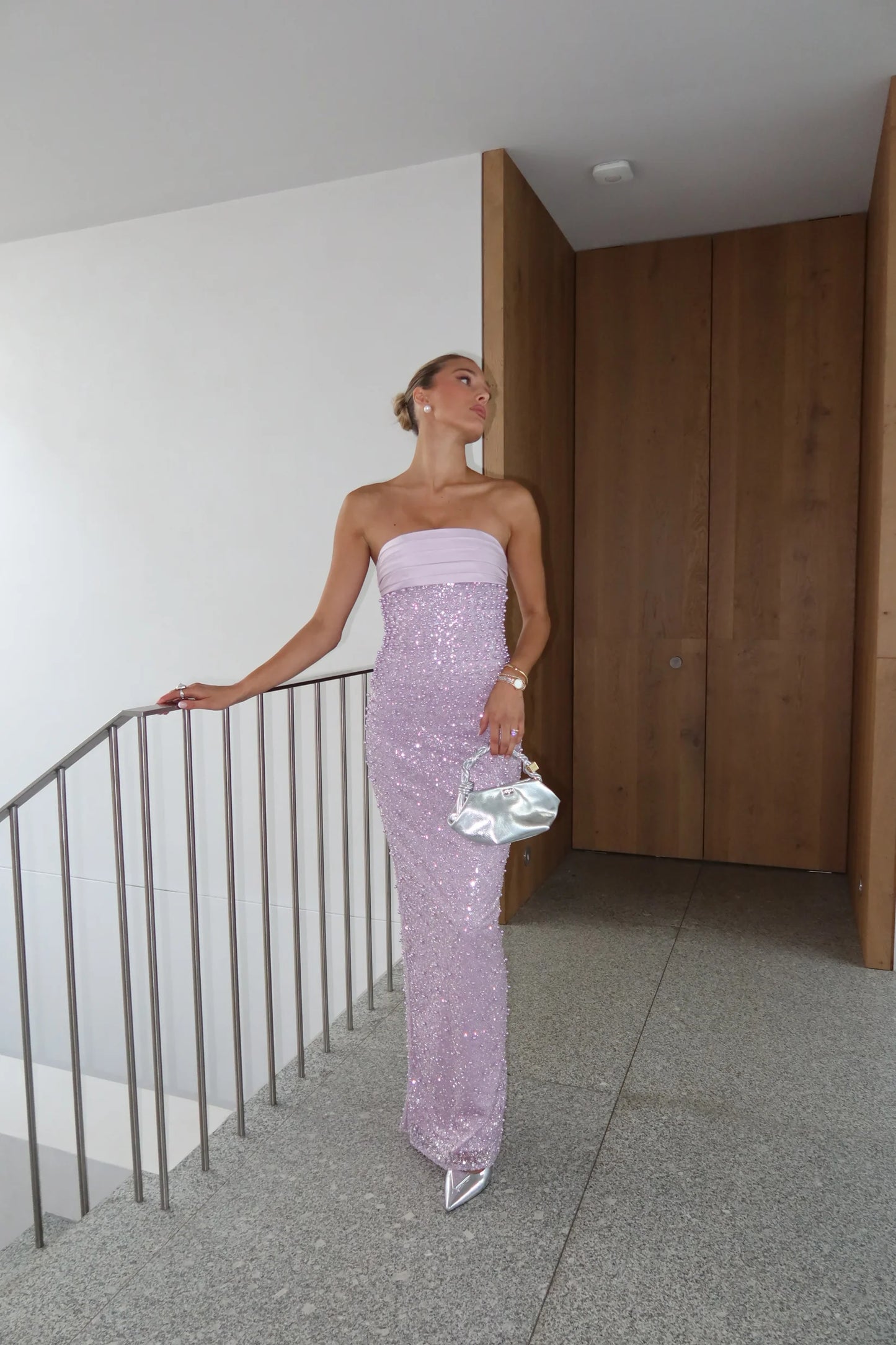 Lainey Purple Satin Sequin Pearls Beaded Maxi Dress