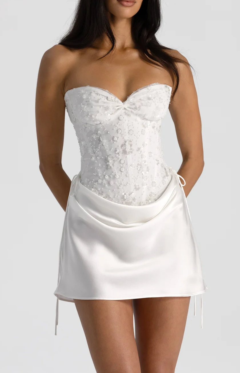 Verity Bustier Embellished + Evelyn Mini Skirt In White